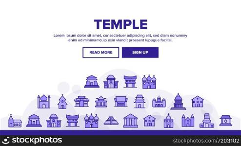 Temple Architecture Building Landing Web Page Header Banner Template Vector. Religion Collection Nation Temple Building, Catholic And Christian Church, Islamic And Buddhism Illustrations. Temple Architecture Landing Header Vector