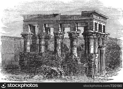Temple of Isis at Philae, vintage engraved illustration. Exterior of Temple of Isis during late 1800s. Trousset encyclopedia (1886 - 1891).