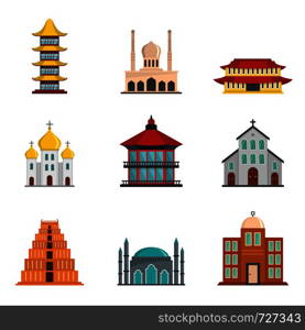 Temple tower castle icons set. Flat illustration of 9 temple tower castle vector icons for web. Temple tower castle icons set flat style