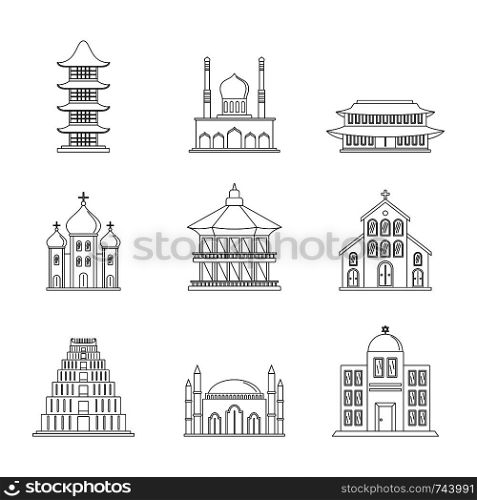 Temple tower castle icons set. Outline illustration of 9 temple tower castle vector icons for web. Temple tower castle icons set outline style