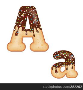 Tempting typography. Font design. Icing letter. Sweet 3D donut letter A glazed with chocolate cream and candy. Vector