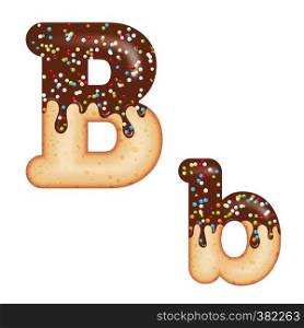 Tempting typography. Font design. Icing letter. Sweet 3D donut letter B glazed with chocolate cream and candy. Vector