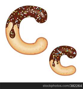 Tempting typography. Font design. Icing letter. Sweet 3D donut letter C glazed with chocolate cream and candy. Vector