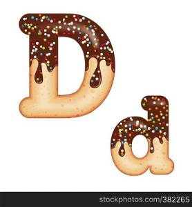 Tempting typography. Font design. Icing letter. Sweet 3D donut letter D glazed with chocolate cream and candy. Vector