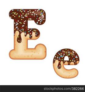 Tempting typography. Font design. Icing letter. Sweet 3D donut letter E glazed with chocolate cream and candy. Vector