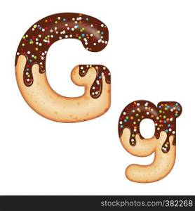 Tempting typography. Font design. Icing letter. Sweet 3D donut letter G glazed with chocolate cream and candy. Vector