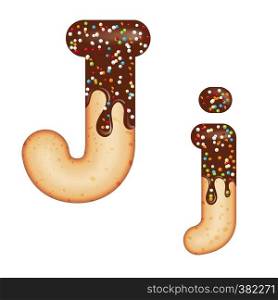 Tempting typography. Font design. Icing letter. Sweet 3D donut letter J glazed with chocolate cream and candy. Vector