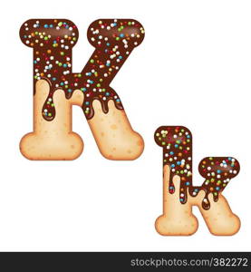 Tempting typography. Font design. Icing letter. Sweet 3D donut letter K glazed with chocolate cream and candy. Vector