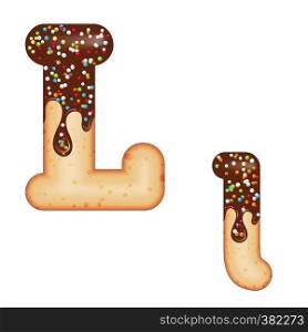 Tempting typography. Font design. Icing letter. Sweet 3D donut letter L glazed with chocolate cream and candy. Vector