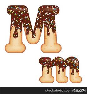 Tempting typography. Font design. Icing letter. Sweet 3D donut letter M glazed with chocolate cream and candy. Vector