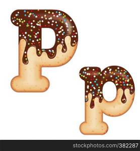 Tempting typography. Font design. Icing letter. Sweet 3D donut letter P glazed with chocolate cream and candy. Vector