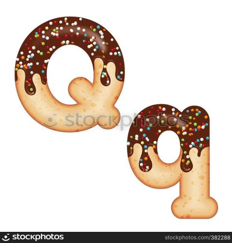 Tempting typography. Font design. Icing letter. Sweet 3D donut letter Q glazed with chocolate cream and candy. Vector
