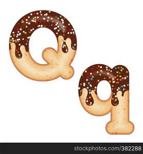 Tempting typography. Font design. Icing letter. Sweet 3D donut letter Q glazed with chocolate cream and candy. Vector