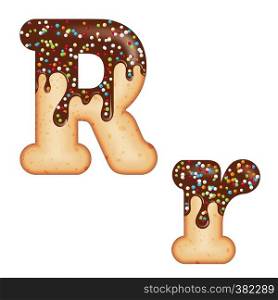 Tempting typography. Font design. Icing letter. Sweet 3D donut letter R glazed with chocolate cream and candy. Vector