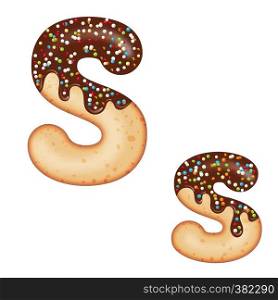 Tempting typography. Font design. Icing letter. Sweet 3D donut letter S glazed with chocolate cream and candy. Vector