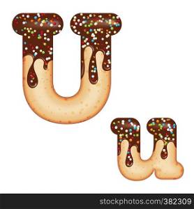 Tempting typography. Font design. Icing letter. Sweet 3D donut letter U glazed with chocolate cream and candy. Vector