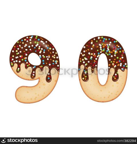 Tempting typography. Font design. Icing letter. Sweet 3D donut numbers nine and zero, glazed with chocolate cream and candy. Vector