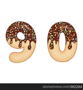 Tempting typography. Font design. Icing letter. Sweet 3D donut numbers nine and zero, glazed with chocolate cream and candy. Vector