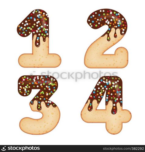 Tempting typography. Font design. Icing letter. Sweet 3D donut numbers one, two, three, four, glazed with chocolate cream and candy. Vector