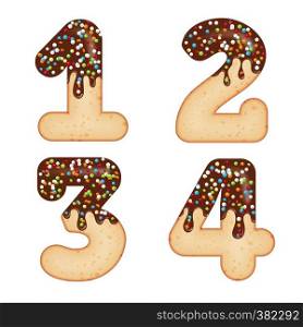 Tempting typography. Font design. Icing letter. Sweet 3D donut numbers one, two, three, four, glazed with chocolate cream and candy. Vector