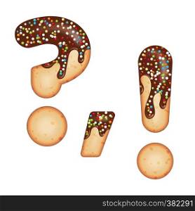 Tempting typography. Font design. Icing letter. Sweet 3D donut punctuation marks glazed with chocolate cream and candy. Vector