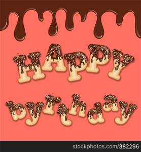 "Tempting typography. Icing text. "Happy birthday" text glazed with chocolate and candy. Donut letters. Vector."