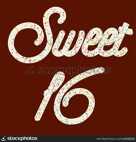 "Tempting typography. Icing text. "Sweet 16" whipped cream text glazed with candy. Vector."