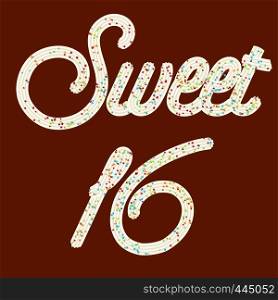 "Tempting typography. Icing text. "Sweet 16" whipped cream text glazed with candy. Vector."