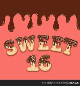 "Tempting typography. Icing text. "Sweet sixteen" birthday text glazed with chocolate and candy. Donut letters. Vector."