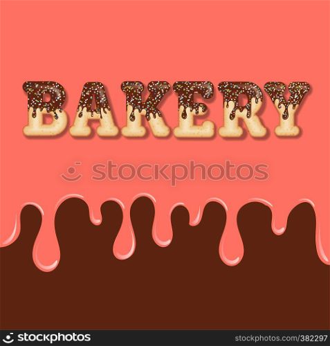 "Tempting typography. Icing text. Word "bakery" glazed with chocolate and candy. Donut letters. Vector"