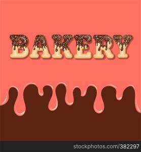 "Tempting typography. Icing text. Word "bakery" glazed with chocolate and candy. Donut letters. Vector"