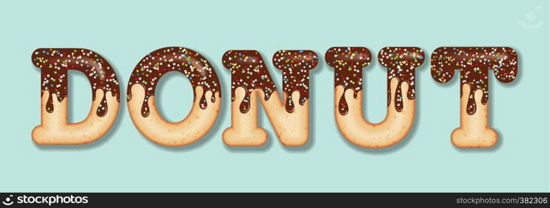 "Tempting typography. Icing text. Word "donut" glazed with chocolate and candy. Donut letters. Vector"