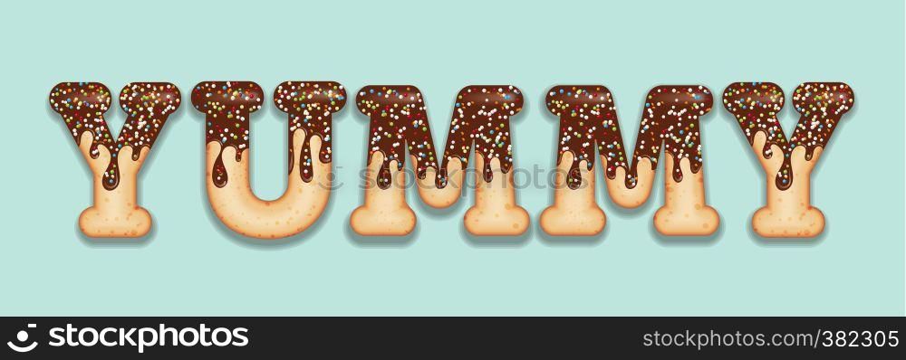 "Tempting typography. Icing text. Word "yammy" glazed with chocolate and candy. Donut letters. Vector"