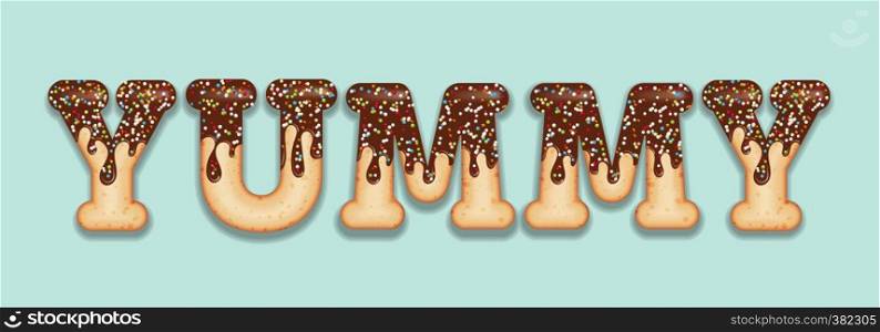 "Tempting typography. Icing text. Word "yammy" glazed with chocolate and candy. Donut letters. Vector"