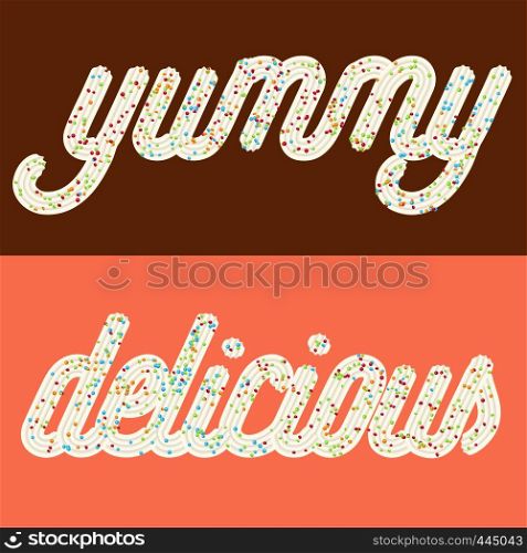 "Tempting typography. Icing text. Words "delicious" and "yummy" from whipped cream glazed with candy.Vector"