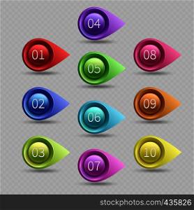 Ten color bullet points with numbers vector collection. Illustration of web bullet point arrow. Ten color bullet points with numbers vector collection