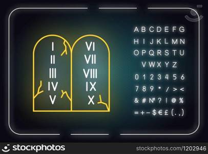 Ten Commandments Bible story neon light icon. Biblical laws written on stone tablets. Religious legend. Glowing sign with alphabet, numbers and symbols. Vector isolated illustration