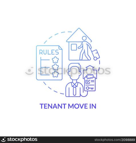 Tenant move in blue gradient concept icon. Operation with property management abstract idea thin line illustration. Isolated outline drawing. Roboto-Medium, Myriad Pro-Bold fonts used. Tenant move in blue gradient concept icon