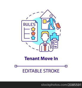 Tenant move in concept icon. Property management operation abstract idea thin line illustration. Isolated outline drawing. Editable stroke. Roboto-Medium, Myriad Pro-Bold fonts used. Tenant move in concept icon