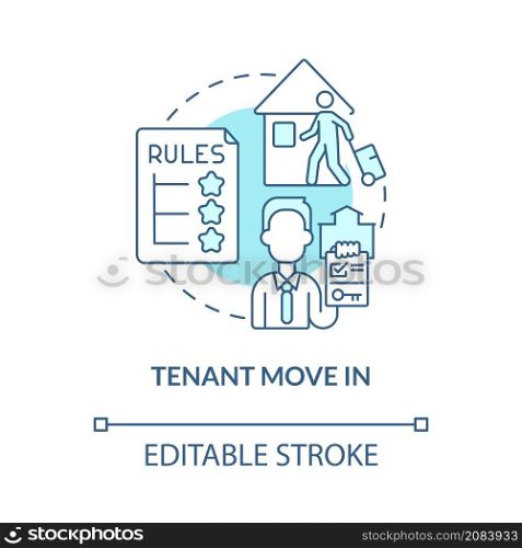 Tenant move in turquoise concept icon. Rental estate management operation abstract idea thin line illustration. Isolated outline drawing. Editable stroke. Roboto-Medium, Myriad Pro-Bold fonts used. Tenant move in turquoise concept icon