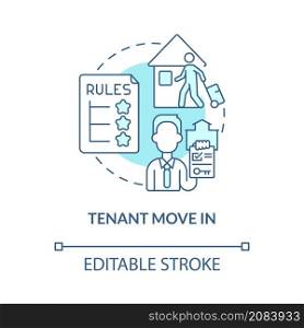 Tenant move in turquoise concept icon. Rental estate management operation abstract idea thin line illustration. Isolated outline drawing. Editable stroke. Roboto-Medium, Myriad Pro-Bold fonts used. Tenant move in turquoise concept icon