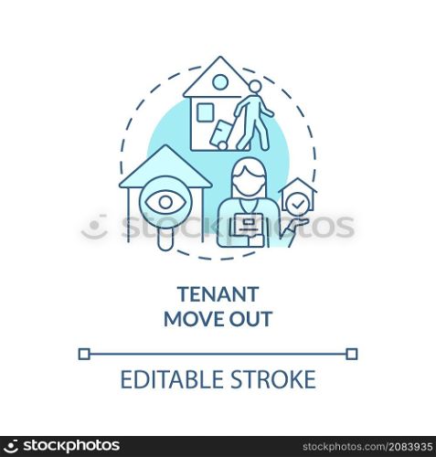Tenant move out turquoise concept icon. Property management work abstract idea thin line illustration. Isolated outline drawing. Editable stroke. Roboto-Medium, Myriad Pro-Bold fonts used. Tenant move out turquoise concept icon