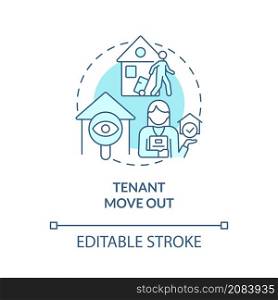 Tenant move out turquoise concept icon. Property management work abstract idea thin line illustration. Isolated outline drawing. Editable stroke. Roboto-Medium, Myriad Pro-Bold fonts used. Tenant move out turquoise concept icon