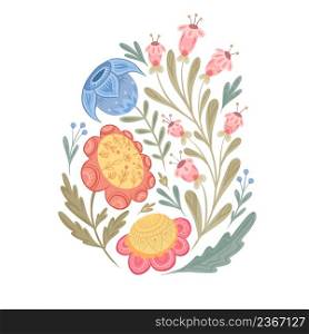 Tender flat illustration of flowers with a folk arts on a white background. Vector floral arrangement with naive ornaments. Nature gentle clipart for postcards and stickers. Tender flat illustration of flowers with a folk arts on a white background. Vector floral arrangement with naive ornaments.