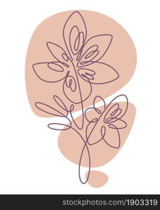 Tender flora blooming plant with stem and leaves. Isolated continuous line art, outline of flower in spring or summer season. Sketch of nature revival and blossom decor. Vector in flat style. Flower print with stem and leaves, tender petals