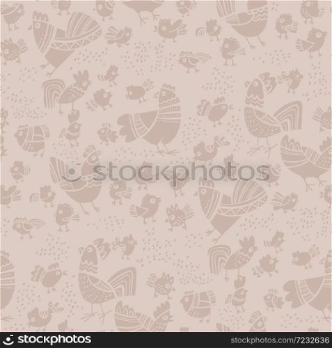 Tender folk style chicken Easter silhouette seamless pattern for background, fabric, textile, wrap, surface, web and print design. Repeatable motif in ethnic classic cute style.