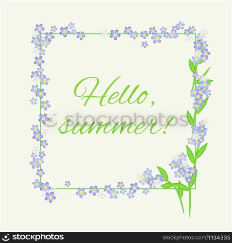 Tender lilac forget-me-not flowers frame on the white background, copy space