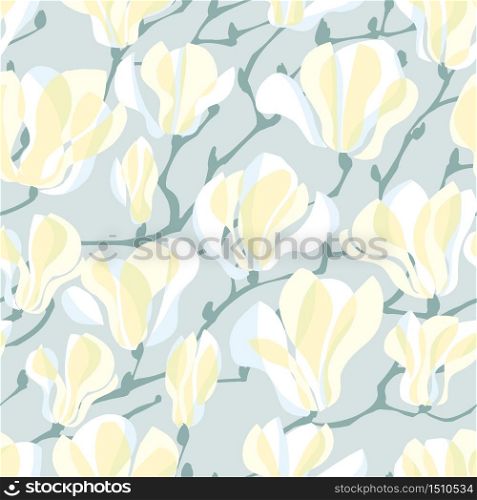 Tender pastel colors elegant white magnolia flower blossom. Floral seamless pattern for background, fabric, textile, wrap, surface, web and print design.