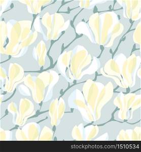 Tender pastel colors elegant white magnolia flower blossom. Floral seamless pattern for background, fabric, textile, wrap, surface, web and print design.