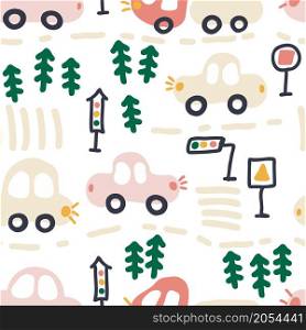 Tender seamless pattern of traffic cars and christmas trees. Design for T-shirt, textile and prints. Hand drawn vector illustration.